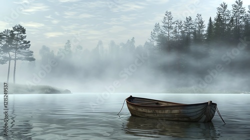 Solitary Wooden Boat on Misty Lake Amongst Trees