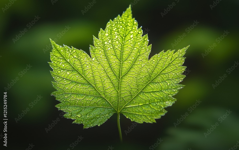 Ultra-detailed macro of fresh green leaf with dewdrops reflecting light, soft blurred background Ultra-detailed macro of fresh green leaf with dewdrops reflecting light, soft blurred background