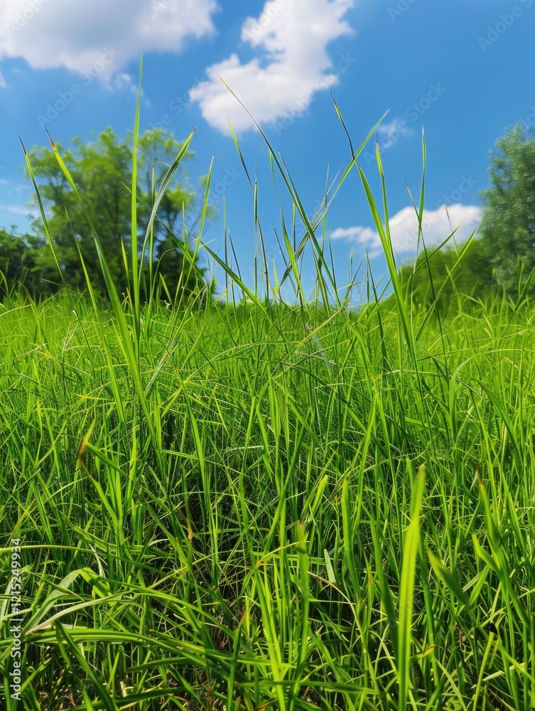 Obraz premium A sunlit field of green grass with tall stems and a few weeds, under a blue sky.