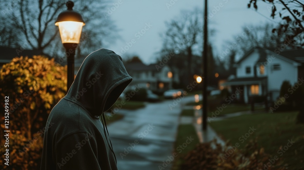 A hooded figure stands beneath a glowing streetlamp on a quiet residential street, evoking a sense of solitude and introspection in the evening mist. A hooded figure stands beneath a glowing streetlamp on a quiet residential street, evoking a sense of solitude and introspection in the evening mist.