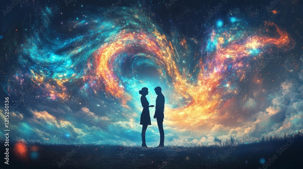 Fototapeta premium Silhouettes of two people under a cosmic sky.