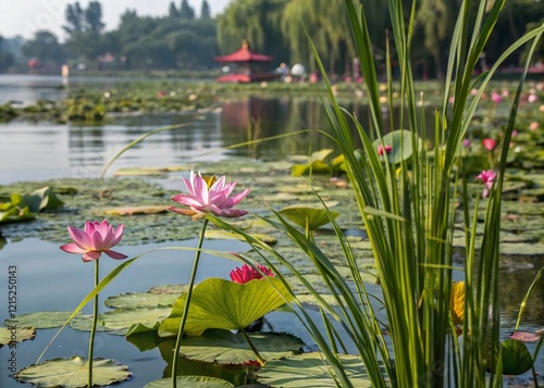 Macro View of Shichahai Lake, Beijing - Water Lilies and Reflections photo