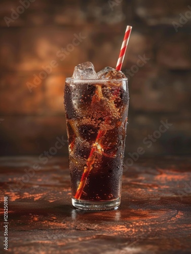 A glass of soda with ice and a straw. photo