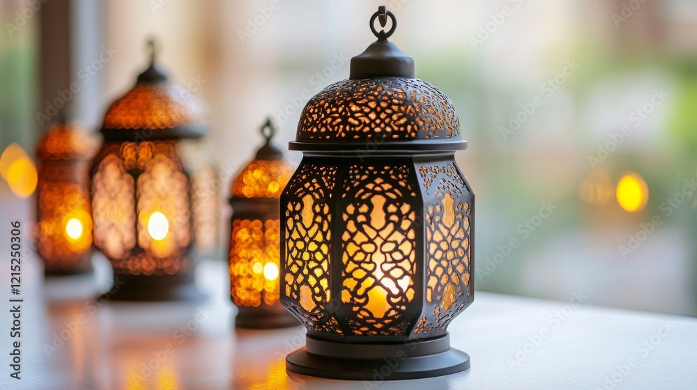 A collection of glowing lanterns with intricate designs, softly illuminating a serene indoor setting A collection of glowing lanterns with intricate designs, softly illuminating a serene indoor setting