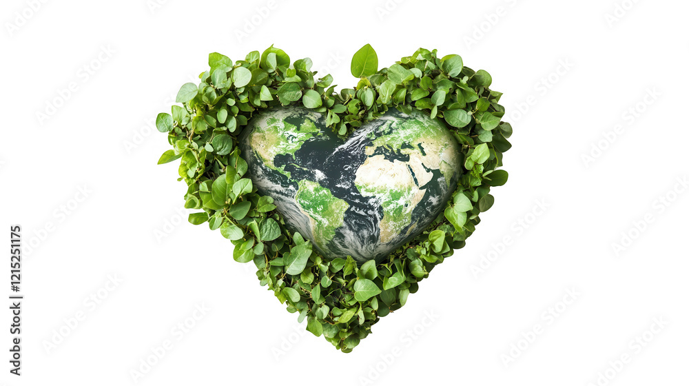 Earth Day PNG file, heart made from green leaves surrounding planet Earth, symbolizing love and care for the planet, isolated on white Earth Day PNG file, heart made from green leaves surrounding planet Earth, symbolizing love and care for the planet, isolated on white