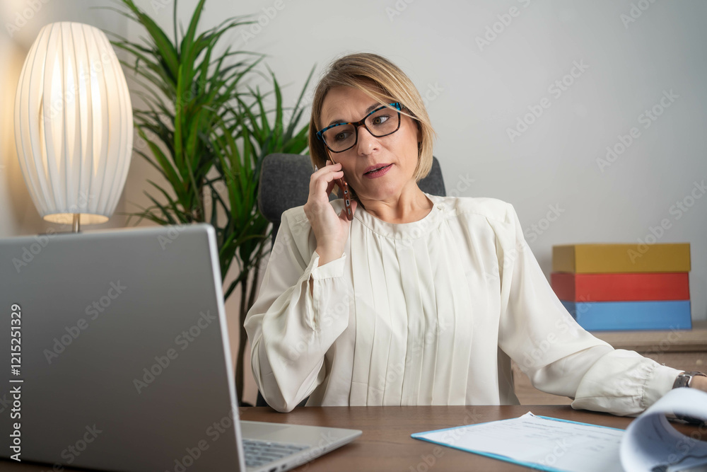 Stressed business woman. Overwhelmed businesswoman handling a phone call while working on a laptop at her office desk, surrounded by documents and a coffee cup, expressing multitasking pressure. Stressed business woman. Overwhelmed businesswoman handling a phone call while working on a laptop at her office desk, surrounded by documents and a coffee cup, expressing multitasking pressure.