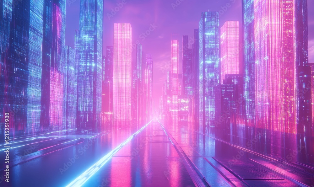 Neon city with reflective streets and glowing buildings. Neon city with reflective streets and glowing buildings.
