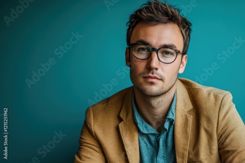 Stylish Young Man in Casual Attire Posing Against a Vibrant Teal Background