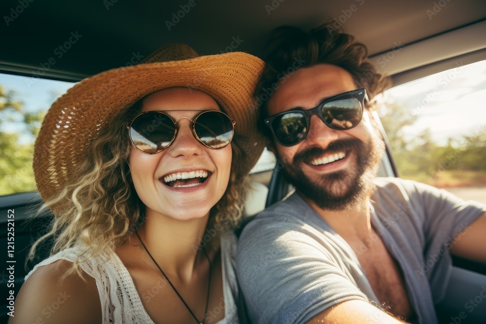 Young couple wearing sunglasses and smiling during a road trip in a convertible car Young couple wearing sunglasses and smiling during a road trip in a convertible car