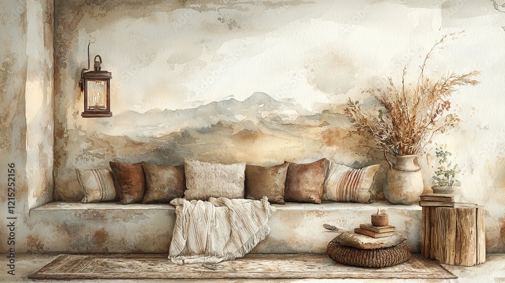 A serene, earthy living space featuring a cozy sofa adorned with pillows, a lantern, and natural decor elements like a vase and woven textures. A serene, earthy living space featuring a cozy sofa adorned with pillows, a lantern, and natural decor elements like a vase and woven textures.