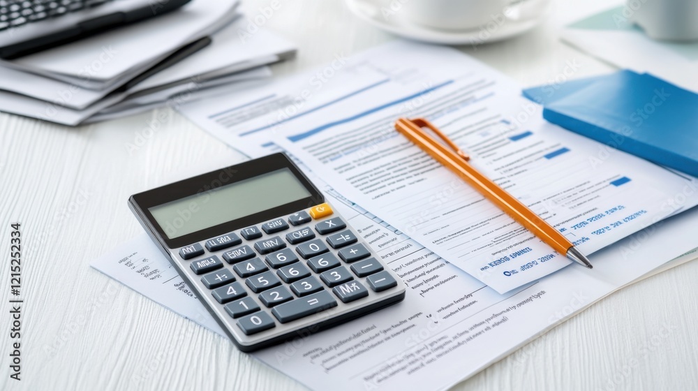 Calculator, documents, pen, and office supplies on a white wooden desk for financial planning and organization Calculator, documents, pen, and office supplies on a white wooden desk for financial planning and organization