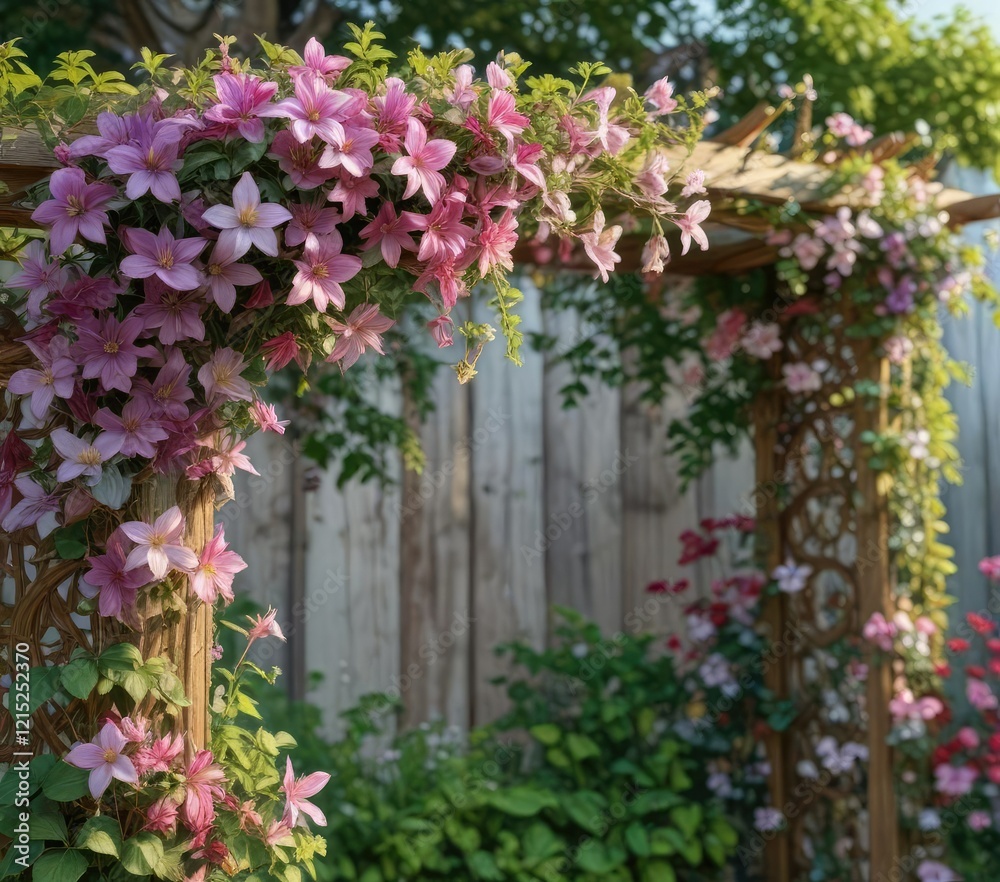 Fototapeta premium Colorful clematis flowers blooming on a wooden arbor with intricate carvings, flowers, clematis