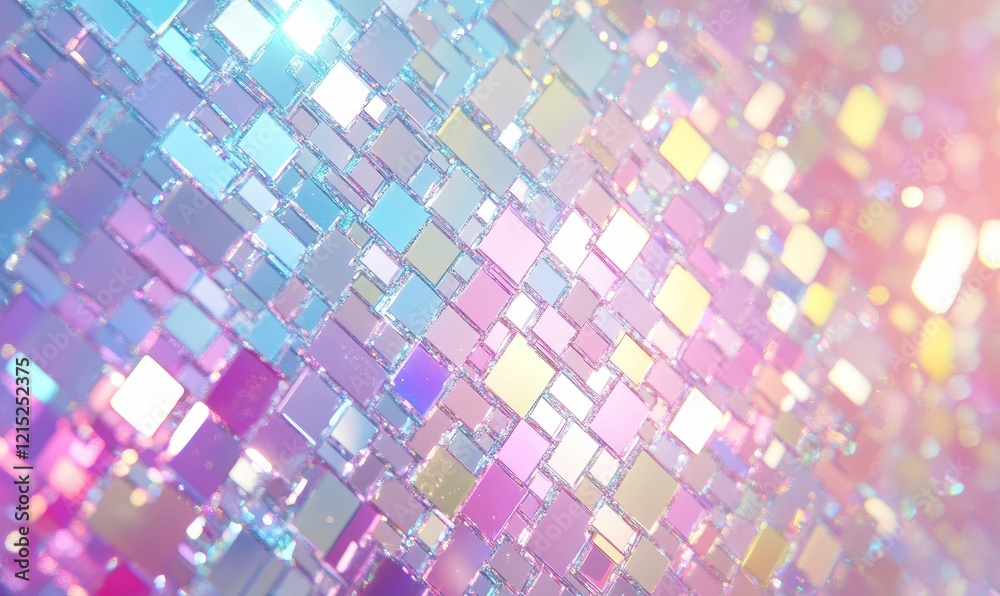 Iridescent, reflective square tiles, soft pink, blue light. Iridescent, reflective square tiles, soft pink, blue light.