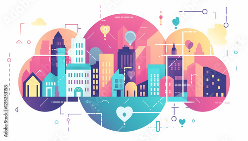 vibrant city skyline illustration featuring colorful buildings, geometric shapes, and technology elements, symbolizing smart cities and connectivity