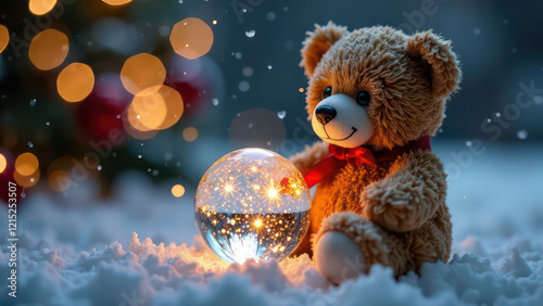 close-up photo, teddy bear with a magic transparent light ball with frost on a winter at Christmas time