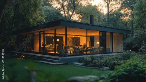 A modern glass-walled house surrounded by greenery, showcasing warm interior lighting at dusk