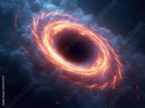 Visualization of a black hole surrounded by swirling gas and glowing particles in the depths of space photo