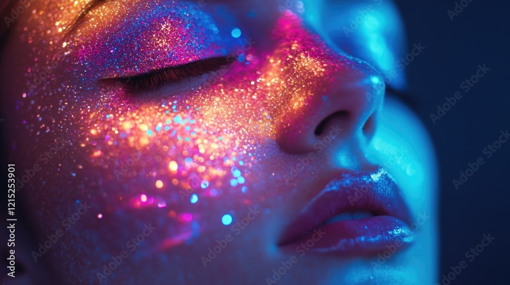 Obraz premium A woman with colorful face paint and glitter on her face. The colors are bright and vibrant, giving the impression of a fun and playful atmosphere