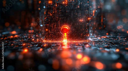 A digital lock being shattered, with sensitive data spilling out into a cyber landscape, symbolizing a data breach. 309