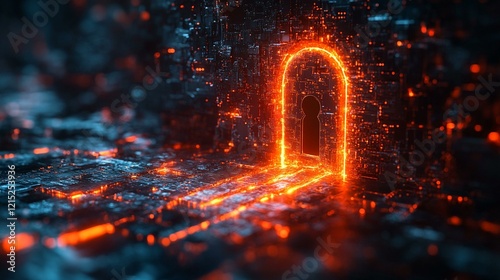 A digital lock being shattered, with sensitive data spilling out into a cyber landscape, symbolizing a data breach. 311