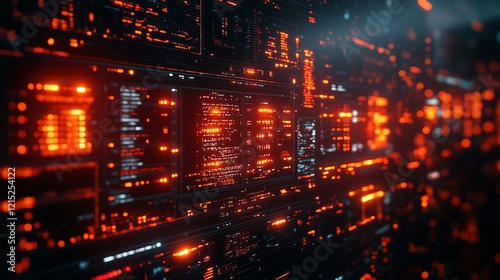 A representation of a data breach targeting a bank, with bank account numbers and financial data being stolen in real-time. 326