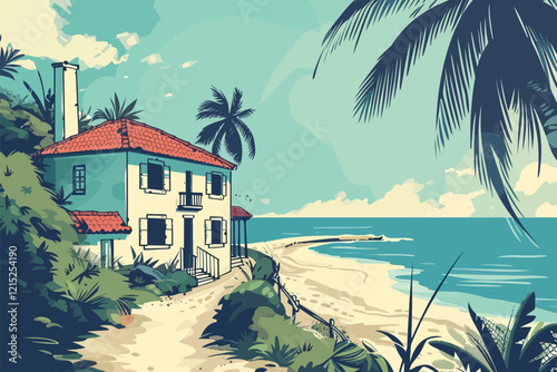 1940s Coastal Getaway vintage poster isolated illustration