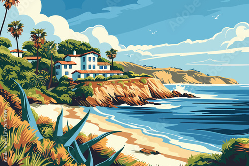 1940s Coastal Getaway vintage poster isolated illustration