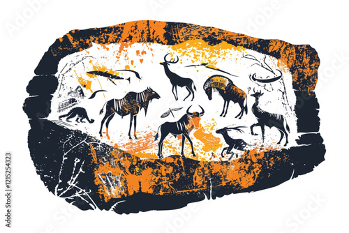 Ancient imaged painted on cave walls isolated illustration