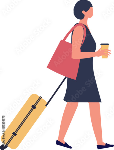 Businesswoman walking with rolling suitcase and holding takeaway coffee at airport terminal, side view of female passenger going to boarding gate, business trip concept