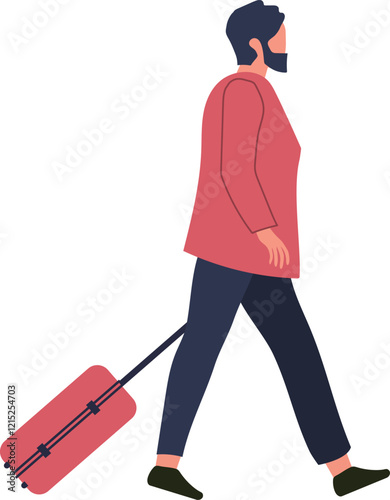 Businessman pulling rolling suitcase at airport terminal, business travel, passenger walking with luggage, business trip concept, flat vector illustration isolated on white background