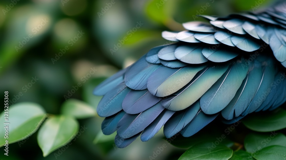 Obraz premium Close-up of iridescent feathers, revealing intricate patterns and hues, capturing the delicate beauty and complexity of nature.