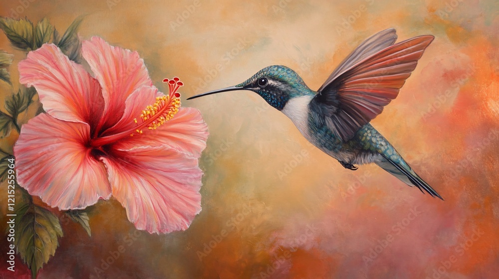 Naklejka premium Hummingbird feeding on hibiscus flower, tropical garden, sunset background, nature art print
