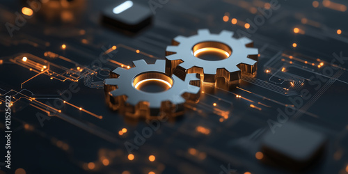 Symbolic representation of mergers and acquisitions with glowing gears and digital connections