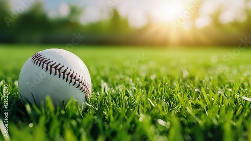 Wallpaper Mural Sunlit Softball on Green Field - A close-up of a sunlit softball resting on a lush green field, symbolizing summer, sport, recreation, competition, and achievement. Torontodigital.ca