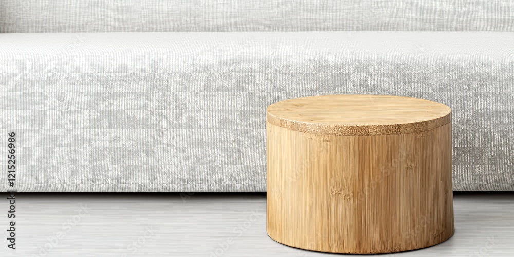 A minimalist wooden stool sits beside a modern white couch, enhancing the contemporary aesthetic of the living space. A minimalist wooden stool sits beside a modern white couch, enhancing the contemporary aesthetic of the living space.