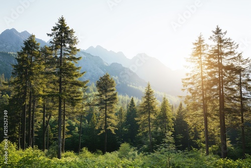 Stunning tidewater green mountain landscape at sunrise with serene outdoor atmosphere in Japanese style photo