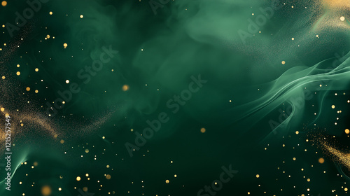 Dark Green and Gold Space Background with Swirling Smoke and Stars, Featuring Fantasy-Inspired Patterns of Emerald Greens and Yellow-Gold Colors, Perfect for Mystical and Ethereal Designs