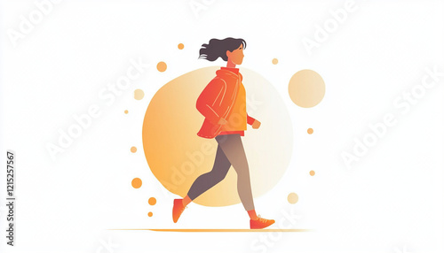 woman running in stylized illustration with warm color palette, conveying energy and movement. background features abstract circles