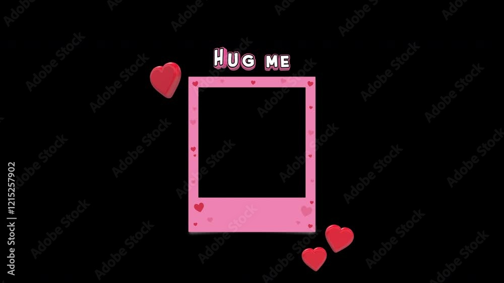 Hug Me Valentine's Day Title Loop On Instant Photo Frame With 3D Floating Hearts On Alpha Background 