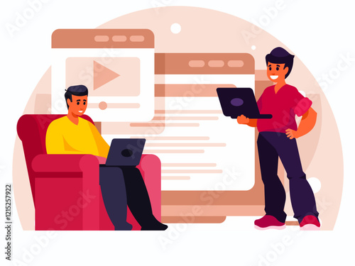 Programmers create a video platform. A programmer sitting in a chair and working at a laptop. Freelancer working from home. Programmer standing with laptop. Man holding a laptop. Search video concept