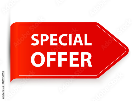 Red arrow shaped special offer label tag with curved corner and white text on white background representing promotion, discount and marketing