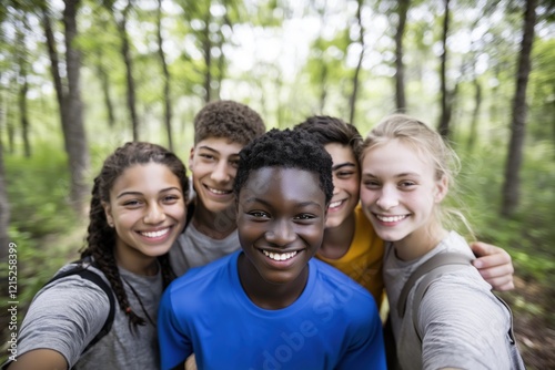 Multiracial millennial friends having fun taking a playful selfie in a vibrant forest setting