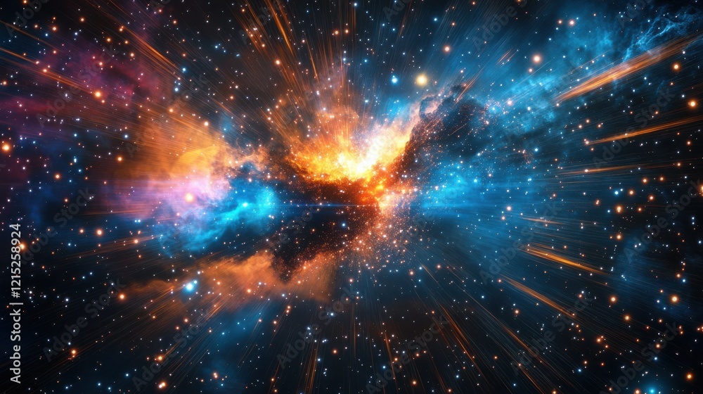 Obraz premium Bright cosmic explosion in space with orange and blue nebula and stars