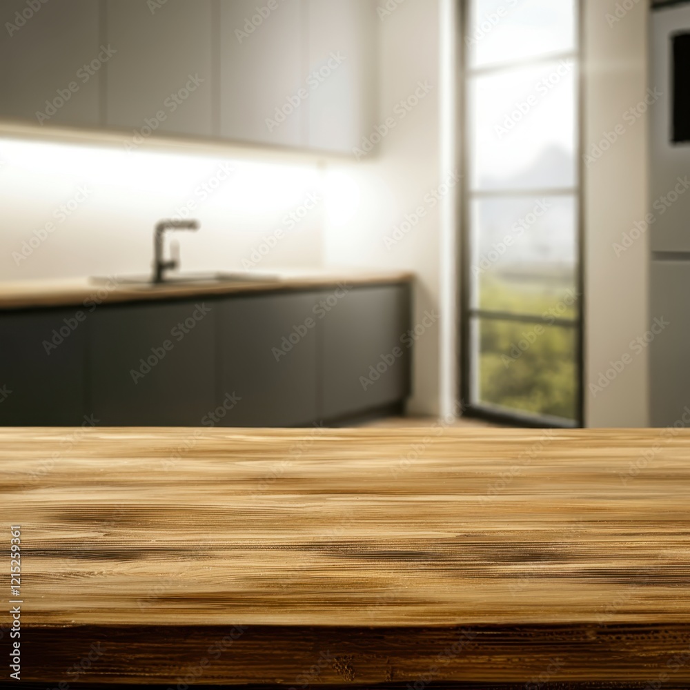 Wooden table surface in foreground, blurred modern kitchen background, minimalist kitchen design, neutral color palette, floating wooden shelf, stainless steel sink, cooking utensils hanging, ceramic Wooden table surface in foreground, blurred modern kitchen background, minimalist kitchen design, neutral color palette, floating wooden shelf, stainless steel sink, cooking utensils hanging, ceramic