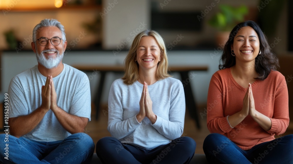 Happy Diverse Group of Adults Practicing Mindfulness Meditation in Modern Living Room Setting Happy Diverse Group of Adults Practicing Mindfulness Meditation in Modern Living Room Setting