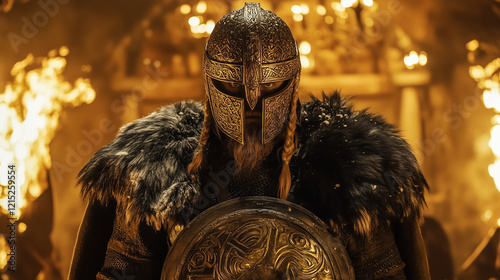 A Viking chief standing in a mead hall, wearing an ornate helmet and cloak, with firelight reflecting off golden patterns photo