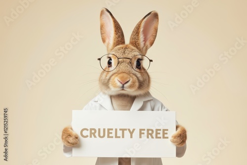 cute rabbit holding a sign with the word cruelty free