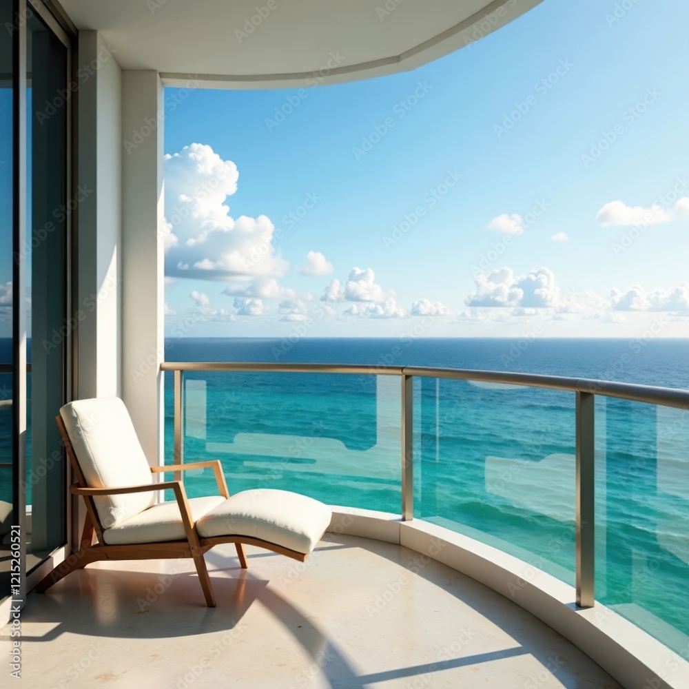 Fototapeta premium Serene oceanfront views from luxury apartment balcony, serene atmosphere , calm waters, sailboats
