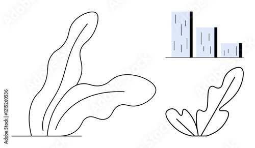 Abstract line art of plant leaves next to a bar graph showing progress or growth in light blue and black. Ideal for business growth, data analysis, nature, minimalism, sustainability, simplicity