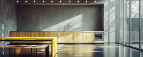 A sleek minimalist kitchen with natural pine cabinets and a high-gloss yellow dining table photo